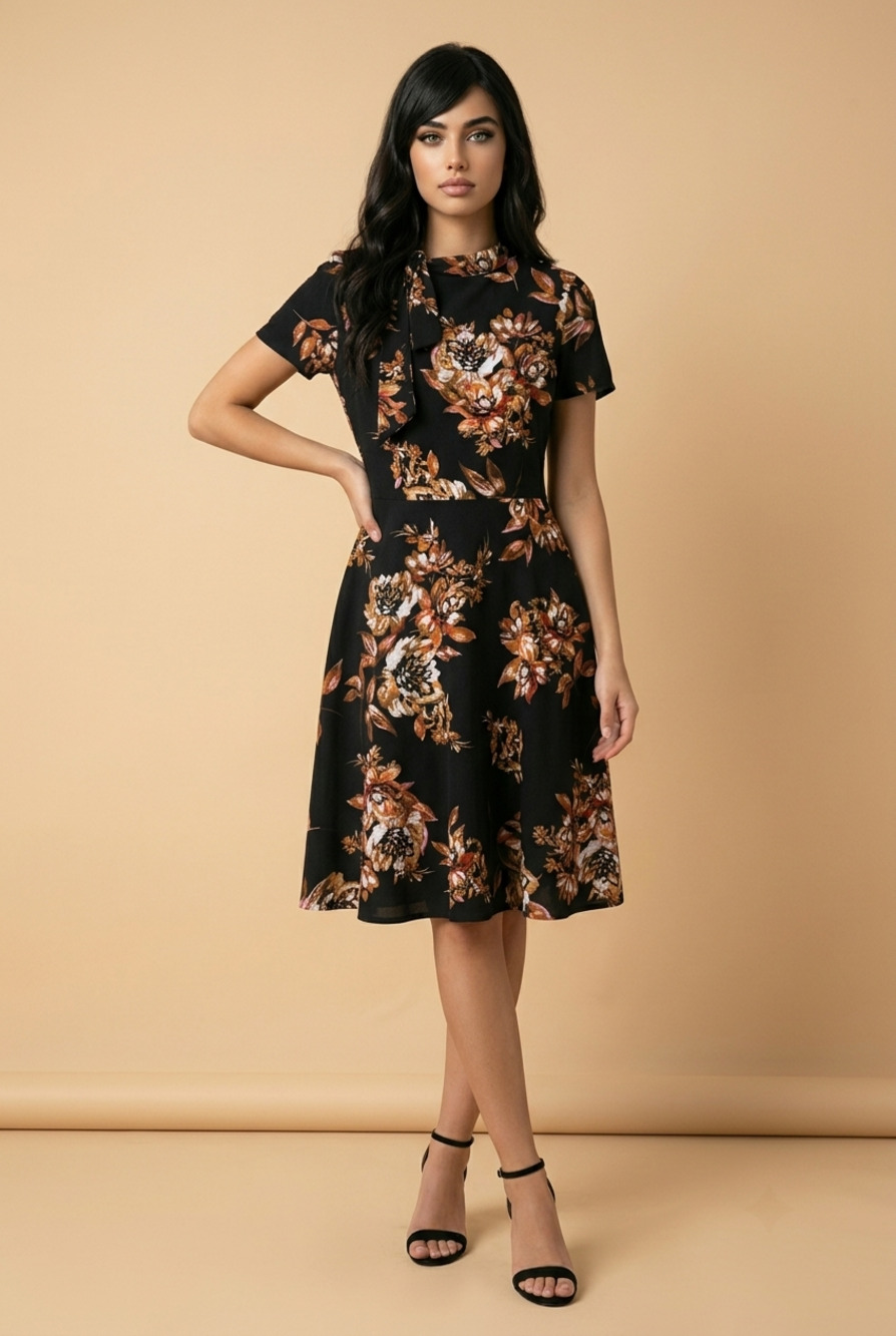 London Times Women's Black and Rust Floral Short Sleeve Tie-Neck A-Line Midi Dre